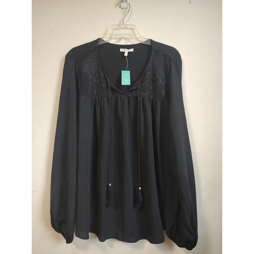 Maurices Black Embroidered Mesh Panel Tassel Peasant Top XL New